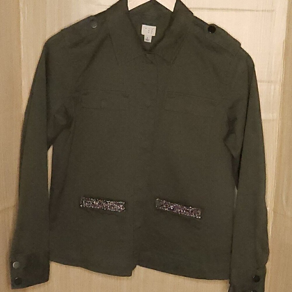 A New Day Army Green Snap Front Jacket Beaded Pockets Large